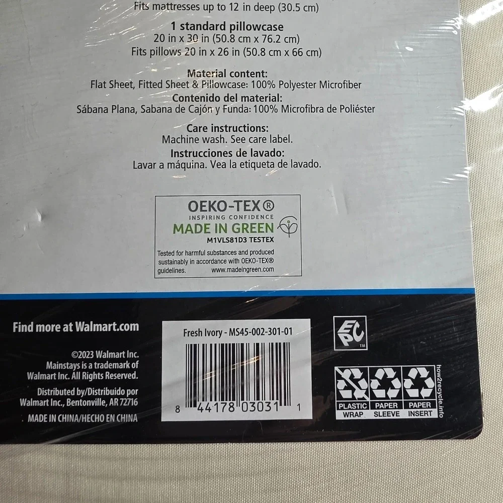 Mainstays Twin Microfiber Sheet Set Fresh Ivory 3 Piece MS45-002-301-01 O4